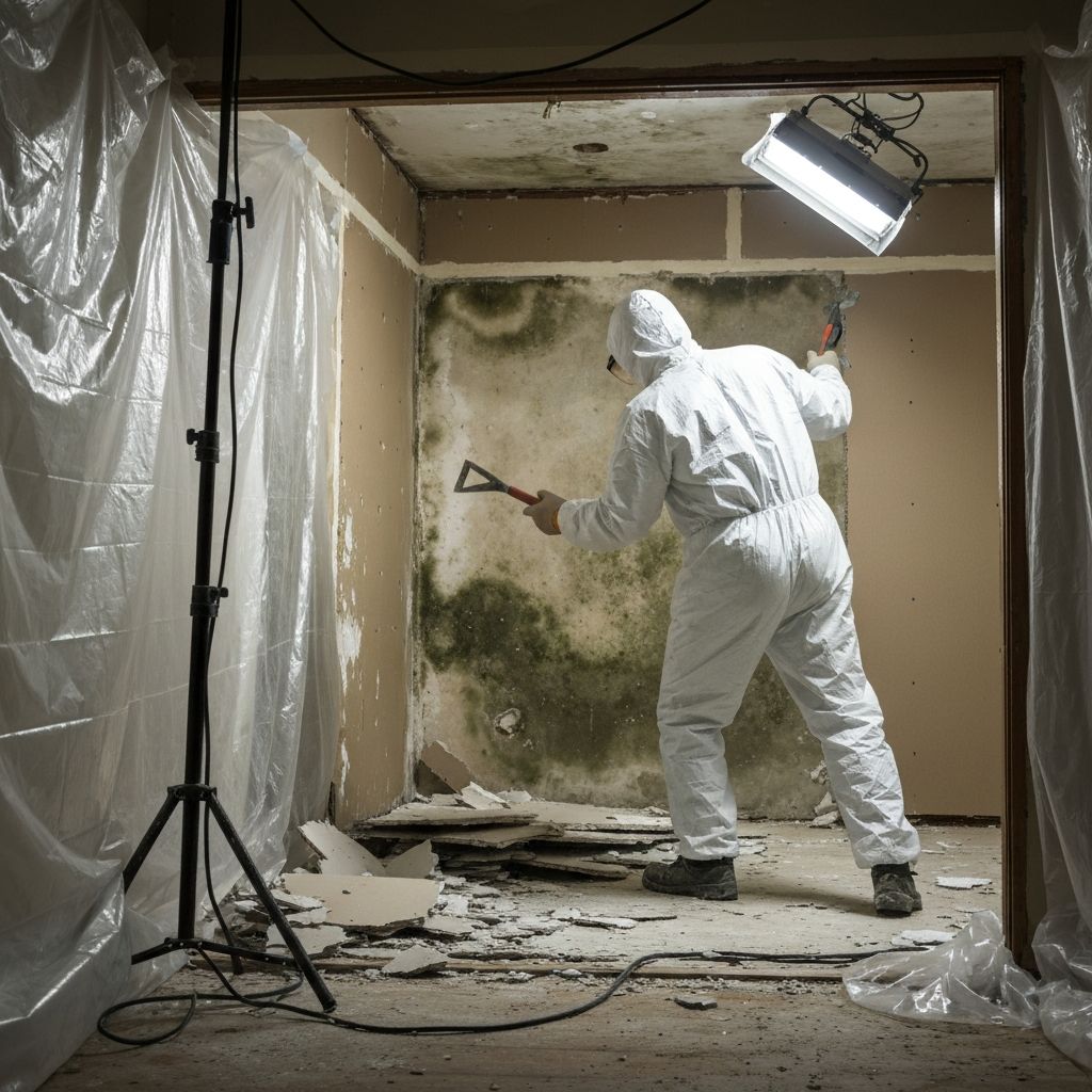 Mold remediation specialist removing contaminated drywall